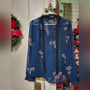a'gaci Navy Floral Sheer Blouse